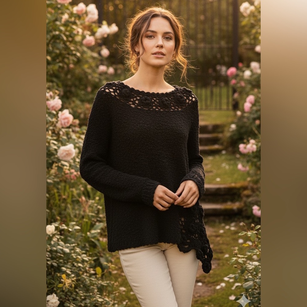Carraig Donn Black Crochet Flowers‎ 100% Pure Irish Boho Indie Wool Sweater S